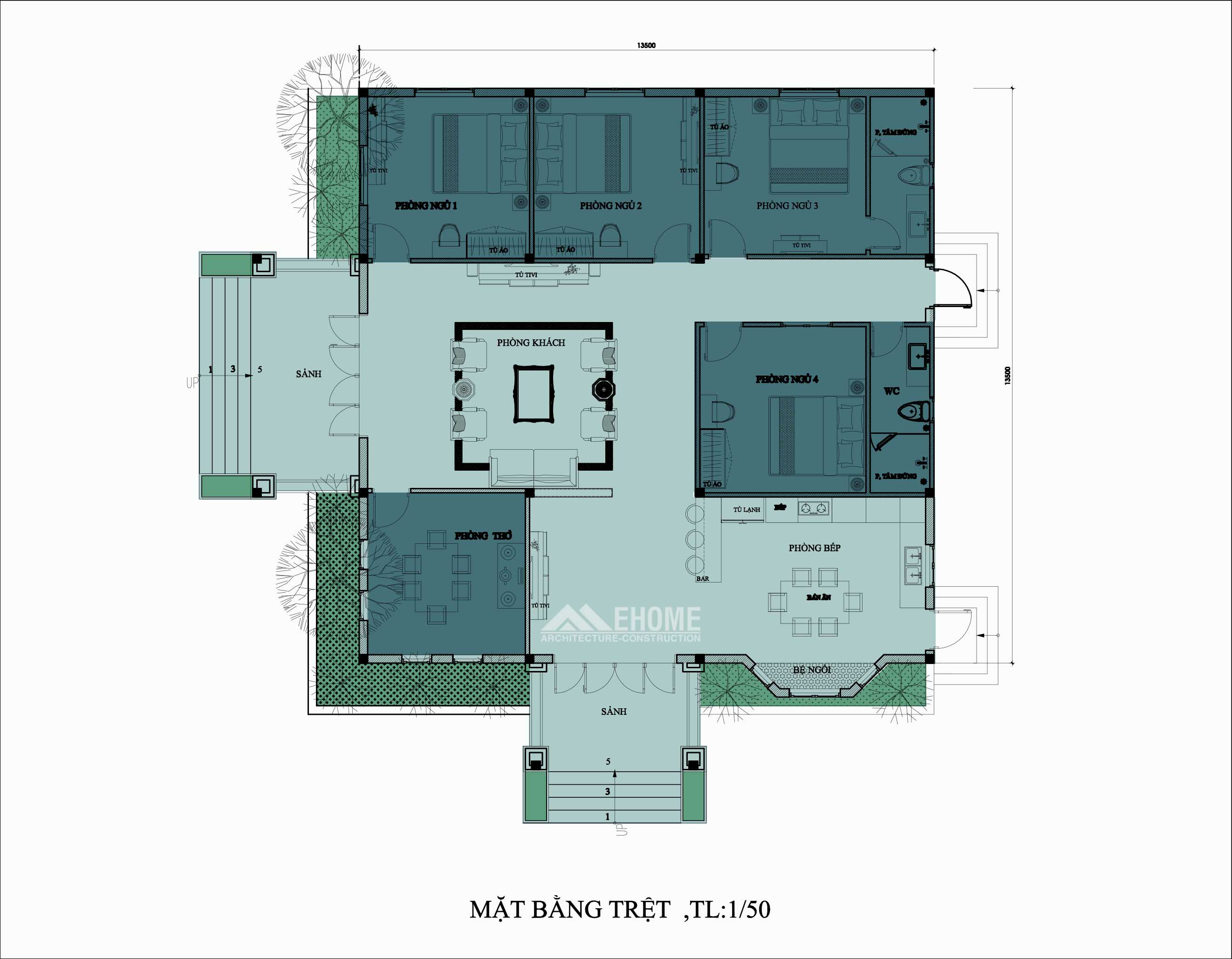 Xu hướng  Bản vẽ thiết kế mẫu nhà 1 tầng 4 phòng ngủ đẹp