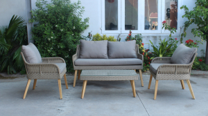 Beige Woven Rope Rattan Outdoor Loveseat Set with wood legs