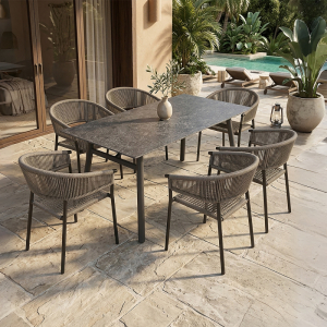 Modern Patio Dining Set – Powder-Coated Steel Frame, Rope Woven Chairs, Stone Table