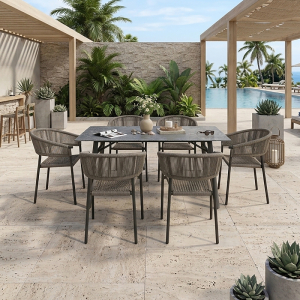 Modern Patio Dining Set – Powder-Coated Steel Frame, Rope Woven Chairs, Stone Table