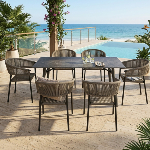 Modern Patio Dining Set – Powder-Coated Steel Frame, Rope Woven Chairs, Stone Table