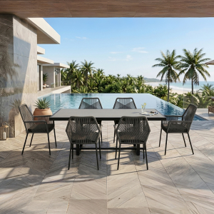 Garden Dining Set – Weather-Resistant Steel Frame, Rope Chairs, Faux Stone Glass Surface