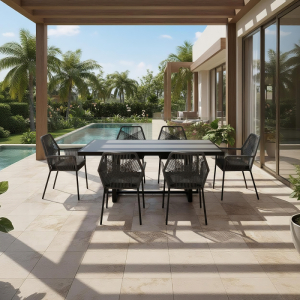 Garden Dining Set – Weather-Resistant Steel Frame, Rope Chairs, Faux Stone Glass Surface