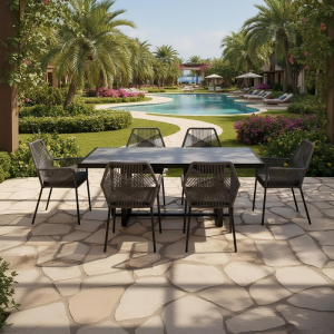 Garden Dining Set – Weather-Resistant Steel Frame, Rope Chairs, Faux Stone Glass Surface