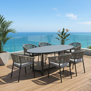 Modern Patio Dining Set – Powder-Coated Steel Frame, Rope Woven Chairs, Stone Table