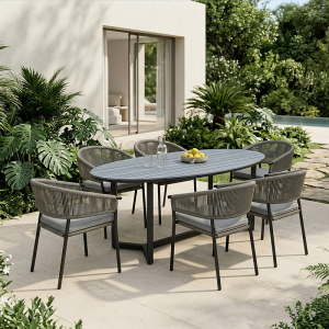 Modern Patio Dining Set – Powder-Coated Steel Frame, Rope Woven Chairs, Stone Table