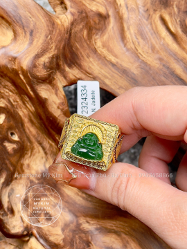 Nhẫn Phật Di Lặc Ngọc Phỉ Thúy - Jadeite Vip đính Granat - Vàng 14k