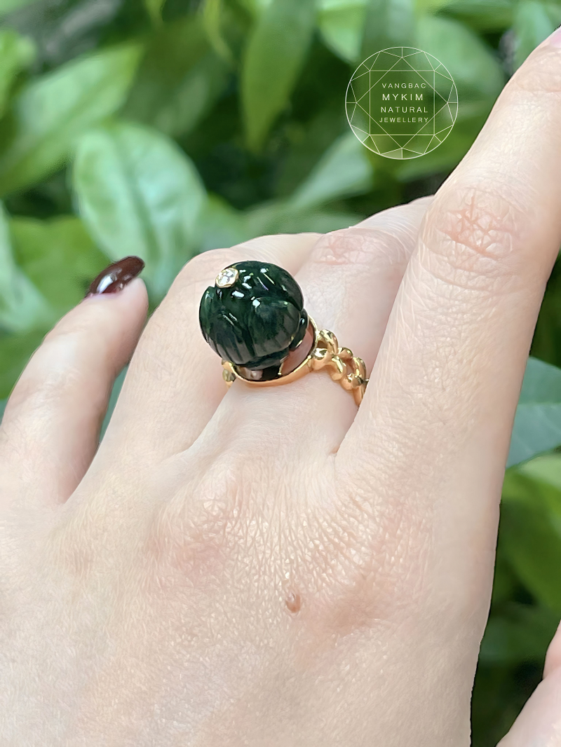 Nhẫn Hoa Sen Ngọc Phỉ Thúy Jadeite VIP - Vàng 14k - Kim Mois