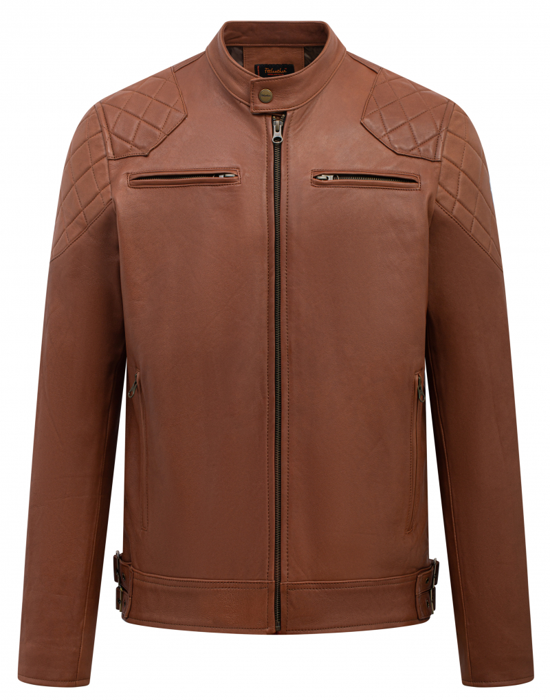 [AD-S2023] Áo da Motorcycle jacket trần bông quả trám vai - Nâu khóa đồng AD308CT42